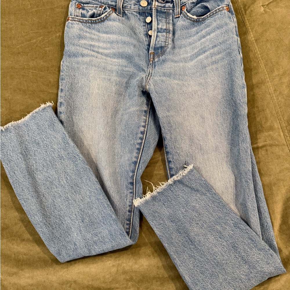 Vintage Blue wedgie Straight Leg Jeans with Distressed Details